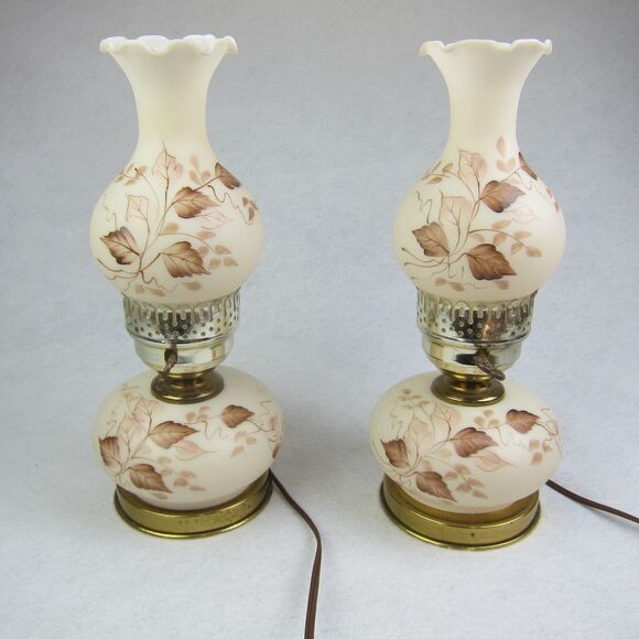 Vintage Hurricane Lamp Pair 2 Frosted White Glass Brown Floral Double Light RARE - Picture 1 of 12